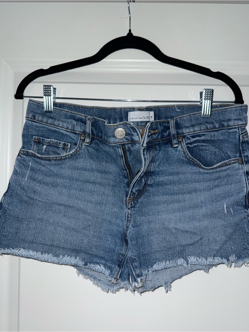 LOFT Frayed Hem Denim Shortalls in Light Blue